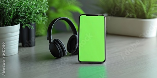 Modern smartphone mockup with a green chroma key screen on a gray table beside black headphones, surrounded by lush green plants for contrast. photo