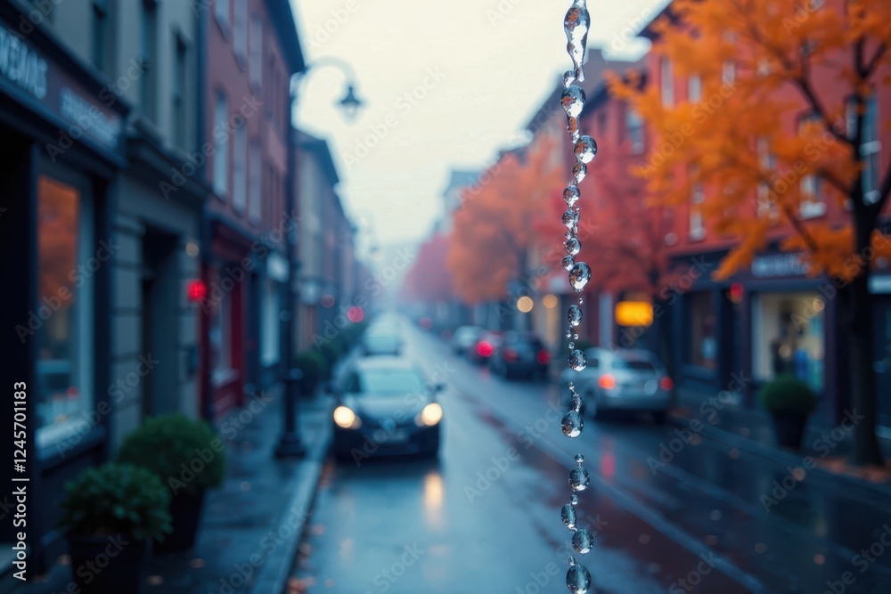 Fototapeta premium Several water droplets running down window, blurred background, soft, bokeh, focus