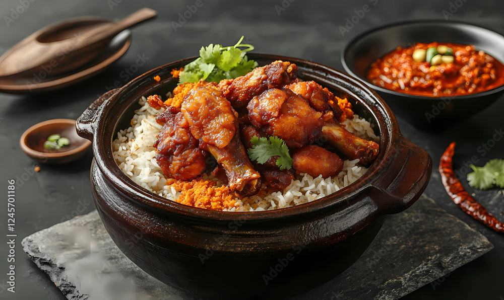 Nasi Lemak in a Traditional Clay Pot Adorned with Fresh Ingredients for an Authentic Dish