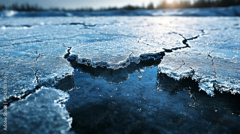 Fototapeta premium Cracks in ice on frozen surface scenic landscape nature photography winter environment close-up view seasonal changes