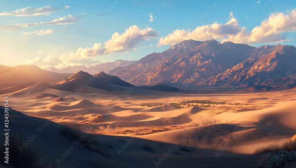 Fototapeta premium Golden Sands and Majestic Mountains at Sunset