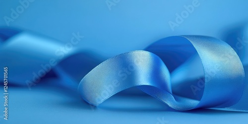Close up of soft blue satin ribbon elegantly flowing over a matching blue background with smooth gradients for text overlay usage