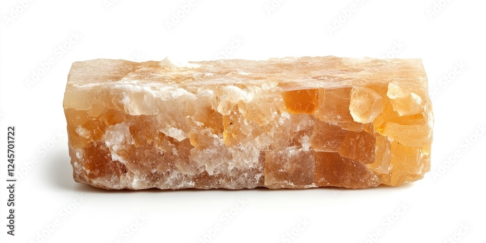 Natural amber-colored mineral block with a rough texture positioned centrally on a white background, highlighting its earthy tones and unique structure. Natural amber-colored mineral block with a rough texture positioned centrally on a white background, highlighting its earthy tones and unique structure.