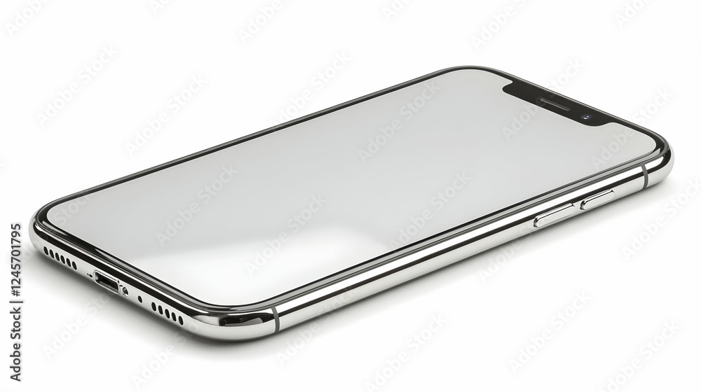 Sleek silver smartphone, angled view, white background, technology concept Sleek silver smartphone, angled view, white background, technology concept