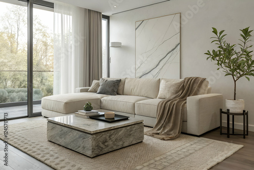 Wallpaper Mural Textures Cozy Minimalism, A modern living room featuring a cozy sectional sofa, elegant decor, a stylish coffee table, and large windows that bring in natural light. Torontodigital.ca