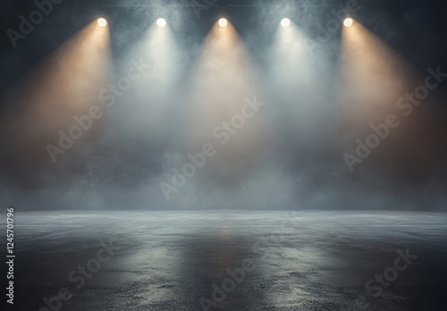 Stage spotlights illuminate smoky dark concrete floor photo