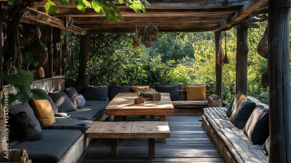 Fototapeta premium Cozy Outdoor Seating Area Surrounded by Lush Greenery and Plants