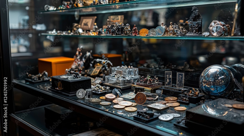 Obraz premium Rare vintage coins collection displayed in a curated showcase antique store collectibles indoor close-up historical treasures