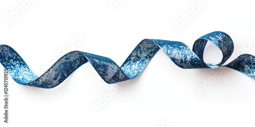 Elegant blue decorative ribbon with sparkles on a white background, artistically arranged in wavy shapes for a festive gift presentation.