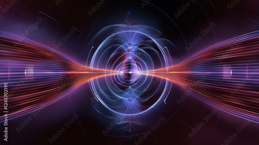 Obraz premium Abstract magnetic field visualization with glowing lines and arrows representing the flow of magnetic force around a central object in a dark, empty space.