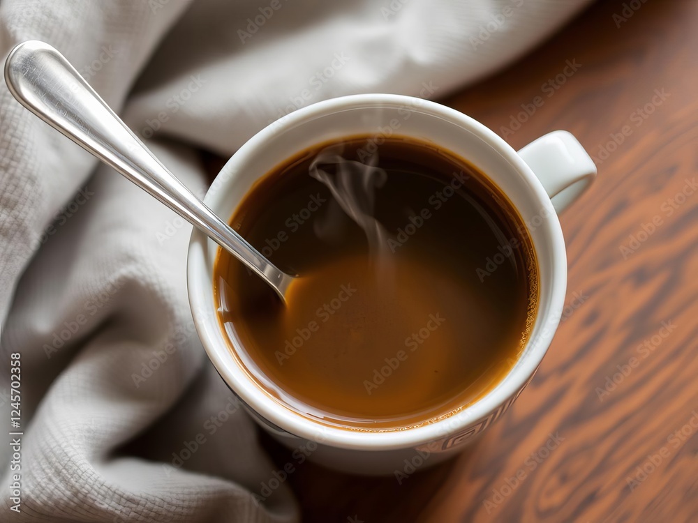 Fototapeta premium Steaming coffee cup with sugar spoon of sugar substitute being added, healthy alternative concept, beverage, coffee, lifestyle