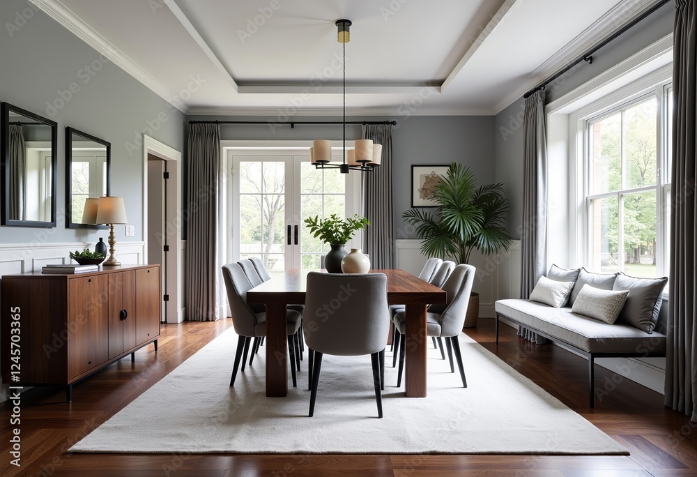 Fototapeta premium Elegant Transitional Dining Room: Minimalist Design with Walnut Table, Goose Feather Cushions, Muted Gray Palette, Dark Wood Floors, Framed Mirrors for Visual Balance.
