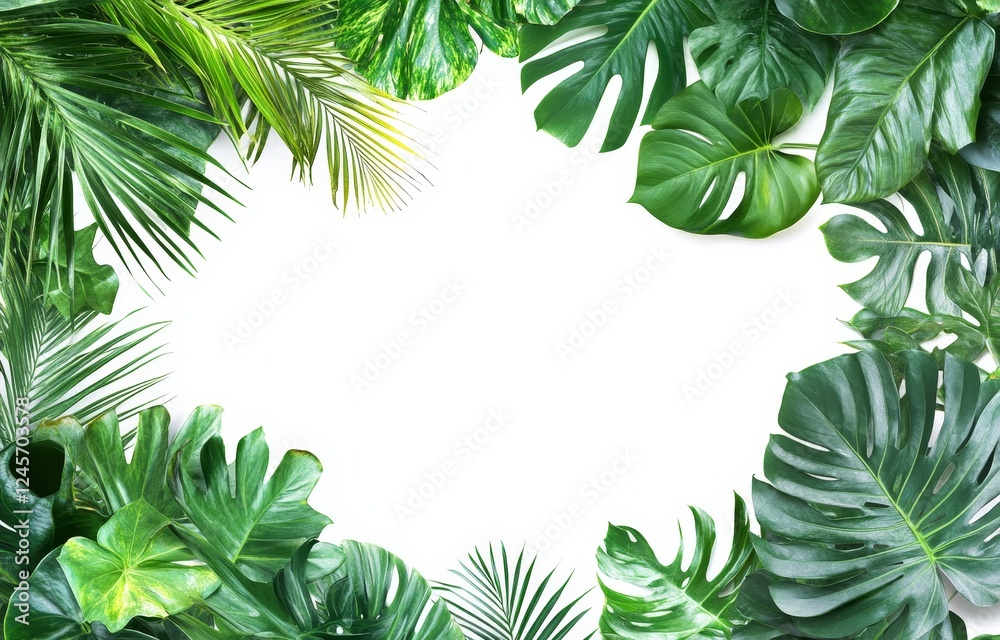 Tropical leaves frame, white background, studio shot, design element Tropical leaves frame, white background, studio shot, design element