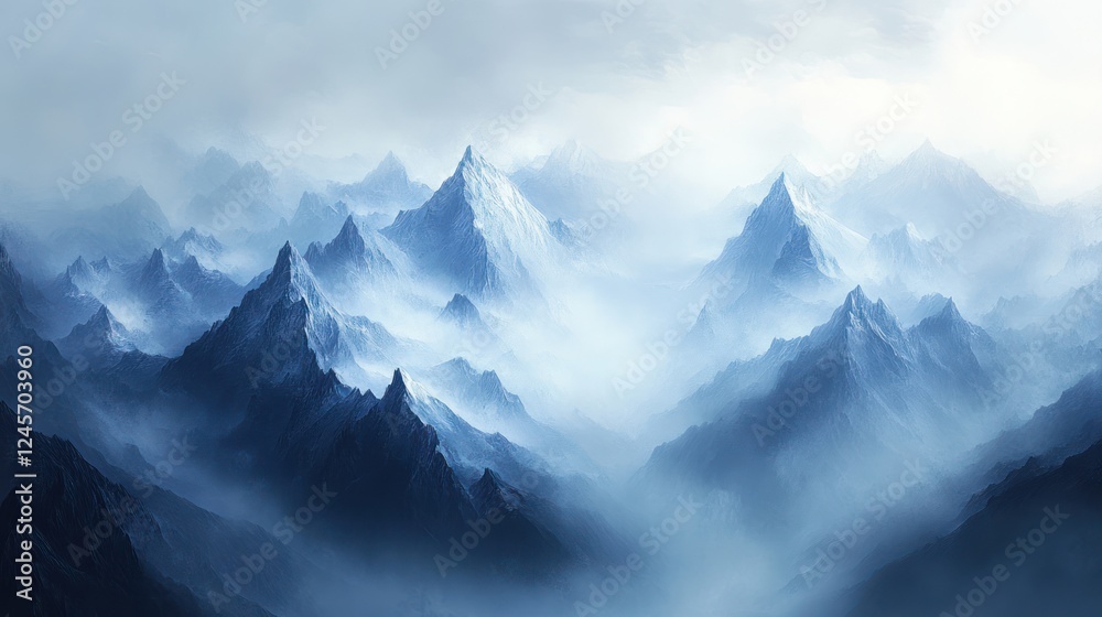 Obraz premium A stunning high-altitude view of misty mountains, their icy summits shining under soft diffused light, blending seamlessly with the overcast sky.