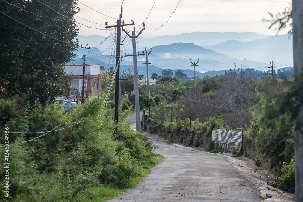 The tranquility of Kodaikanal with its winding roads surrounded by greenery and distant mountains. The tranquility of Kodaikanal with its winding roads surrounded by greenery and distant mountains.