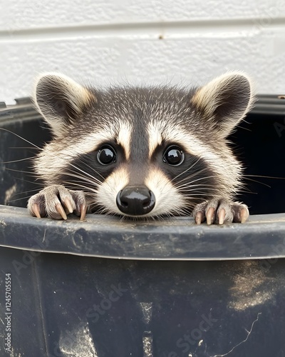 Raccoon peeking out from a black trash bin, curious expression, urban background with a wall photo