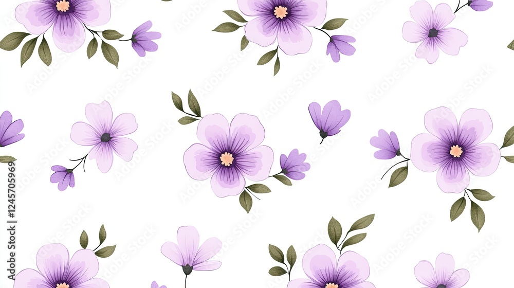 Elegant floral pattern featuring purple flowers on a white background, ideal for fabric design Elegant floral pattern featuring purple flowers on a white background, ideal for fabric design