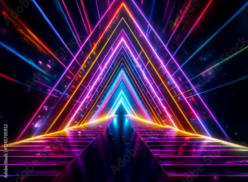 Vibrant neon triangle tunnel with perspective view, showcasing glowing lines in rainbow colors, creating a futuristic and energetic atmosphere.