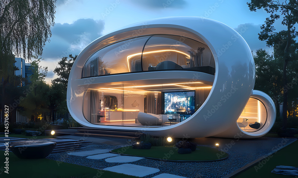Obraz premium Futuristic Pod Home with a Retractable Dome and LED Lighting for a Cutting-Edge Living Experience