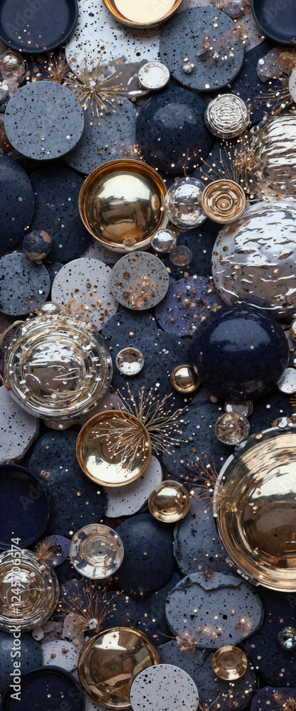 Artistic design of metallic spheres and glass pieces, abstract elegance Artistic design of metallic spheres and glass pieces, abstract elegance