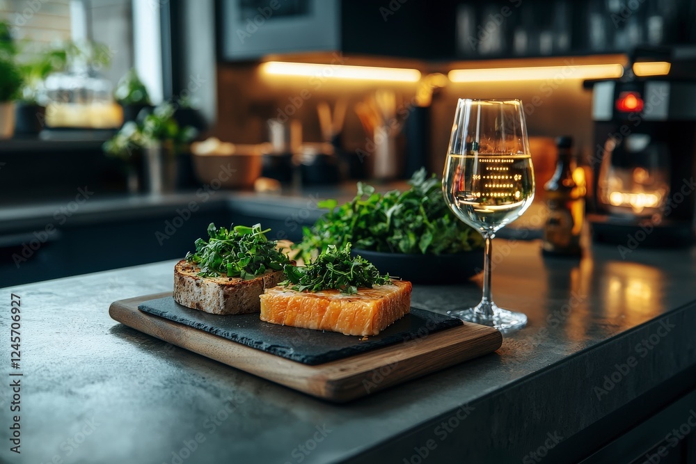 Gourmet Appetizer Platter with Fresh Herbs and White Wine in Modern Kitchen Setting