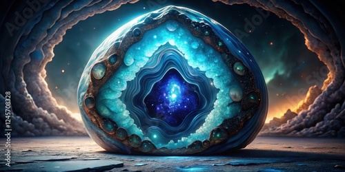 A cosmic egg rests on an alien landscape, its geode-like interior revealing a vibrant nebula; a mysterious celestial artifact photo