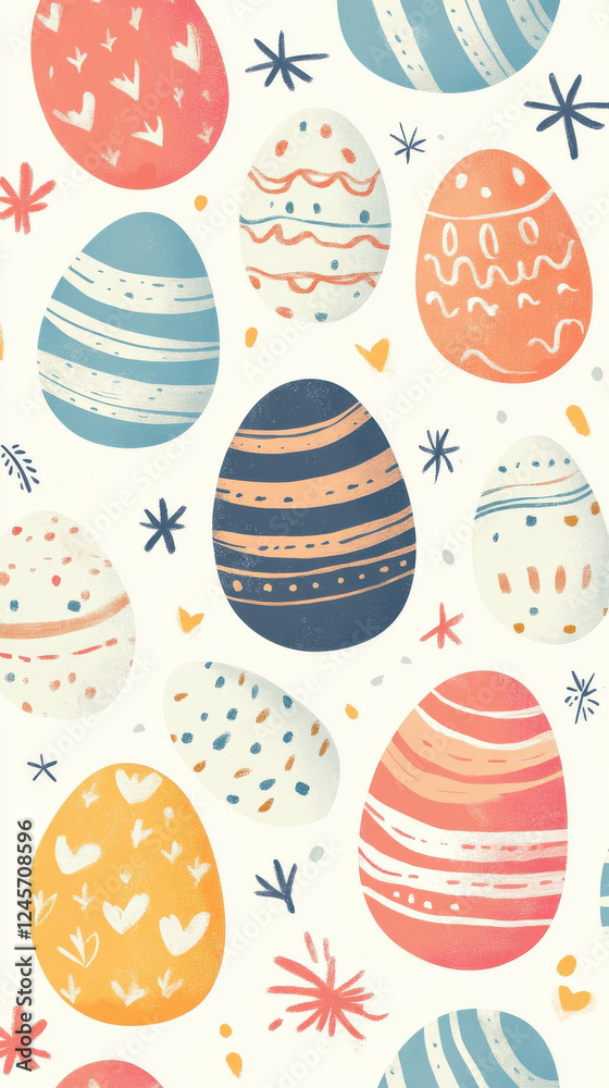 Cute hand-drawn Easter eggs in horizontal seamless pattern for holiday celebration