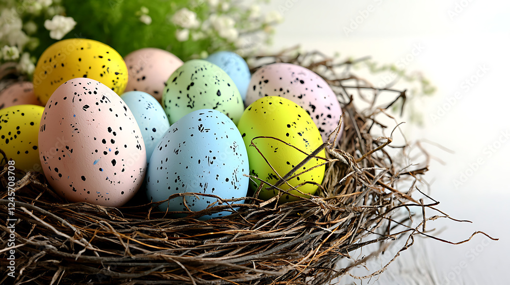 Obraz premium A nest of eggs with a variety of colors, including yellow, pink, and blue. generated using AI