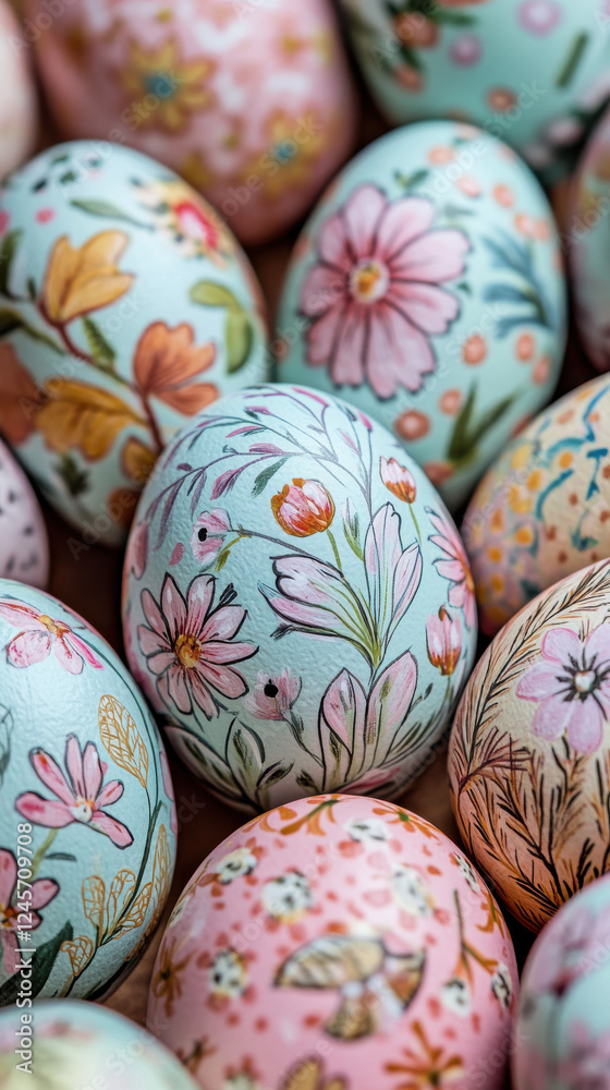 Close-up of beautifully decorated Easter eggs with floral details for spring holiday Close-up of beautifully decorated Easter eggs with floral details for spring holiday