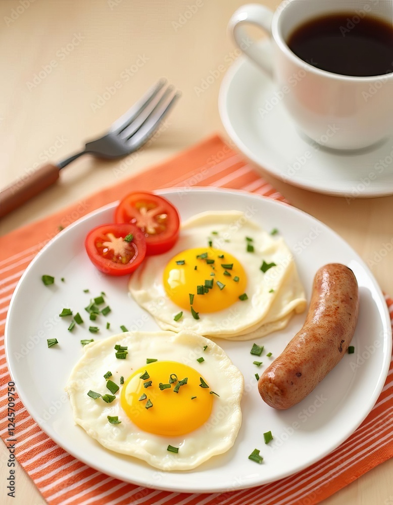 Classic breakfast ensemble: sunny-side up eggs, sausage, and rich coffee delight Classic breakfast ensemble: sunny-side up eggs, sausage, and rich coffee delight