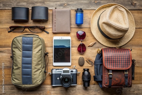 Different camping accessories equipment on dark wooden background Traveler set