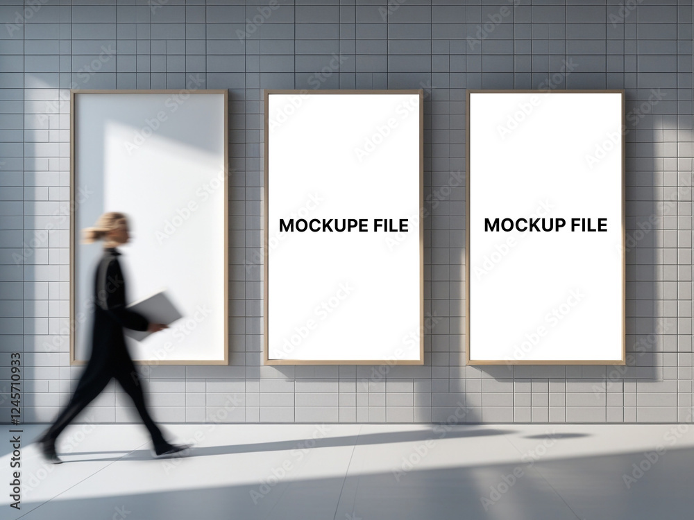 Three vertical blank posters on a grey tiled wall, a woman walking by holding a notepad Three vertical blank posters on a grey tiled wall, a woman walking by holding a notepad