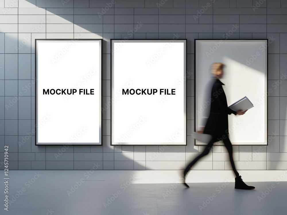 Three vertical blank posters on a grey tiled wall, a woman walking by holding a notepad Three vertical blank posters on a grey tiled wall, a woman walking by holding a notepad