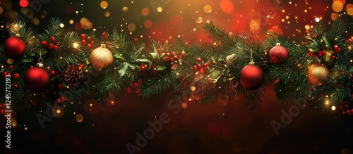 Vibrant Christmas garland with red and gold ornaments, lush green leaves, and glowing lights against a dark background radiating festive cheer