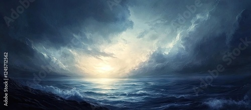 Moody seascape showcasing a shrouded horizon with dark blue waves and soft light breaking through dramatic clouds at sunset over the ocean