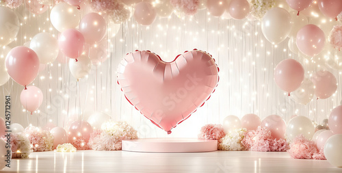 A pink heart-shaped podium with lights and balloons floating around it, set against a soft pastel background for Valentine's Day, 