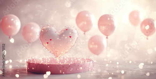 A pink heart-shaped podium with lights and balloons floating around it, set against a soft pastel background for Valentine's Day, 