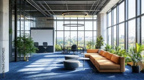 Modern open space office interior with large windows overlooking the city, featuring a blank wall for mockup, blue carpet, and contemporary furniture. Concept of coworking space.