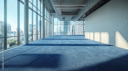 Modern open space office interior with large windows overlooking the city, featuring a blank wall for mockup, blue carpet, and contemporary furniture. Concept of coworking space.