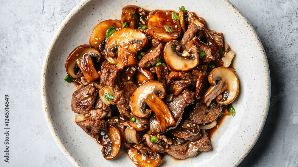 Fototapeta premium A plate features a beef and mushroom stir-fry, flavored with ginger and garlic.