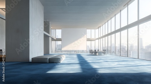 Modern open space office interior with large windows overlooking the city  featuring a blank wall for mockup  blue carpet  and contemporary furniture. Concept of coworking space.