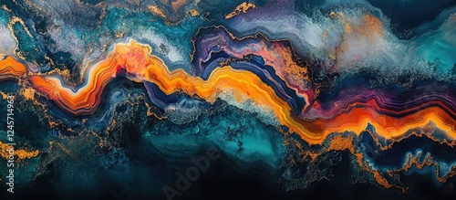 Vibrant agate slice mosaic with vivid orange and blue hues layered in resin against a dark backdrop showcasing the intricate natural patterns.