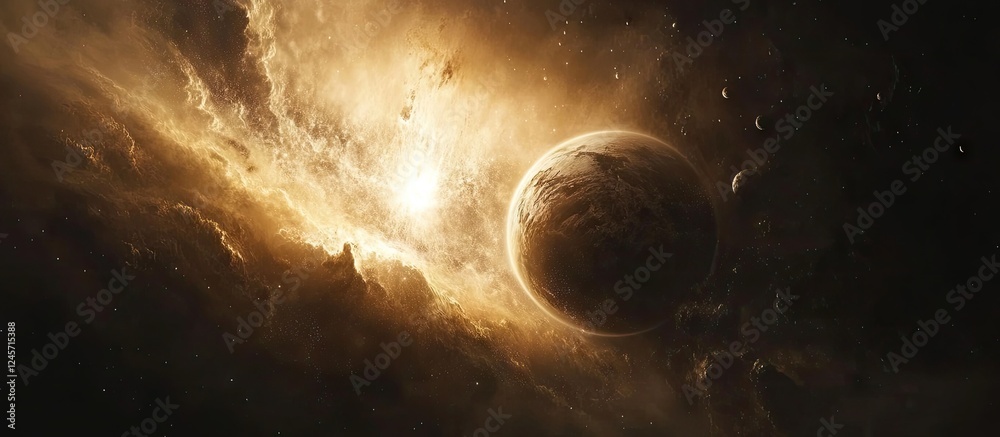 Obraz premium Abstract cosmic art featuring a dark background with golden and brown hues, a central planet surrounded by swirling nebulae and distant stars.
