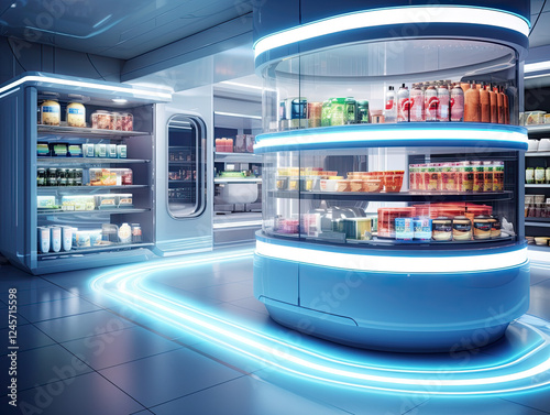 Futuristic Automated Grocery Store with Neon Lighting and Circular Product Displays
