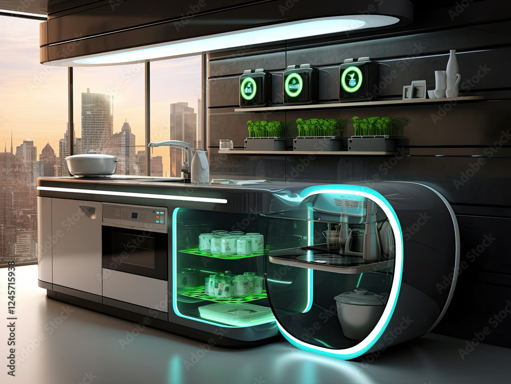 Obraz premium Futuristic Smart Kitchen with City View