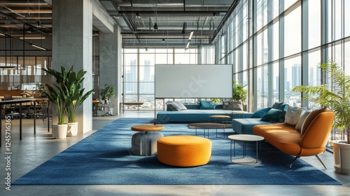 Modern open space office interior with large windows overlooking the city, featuring a blank wall for mockup, blue carpet, and contemporary furniture. Concept of coworking space.