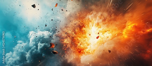 Explosive energy burst with fiery orange and deep blue background clouds fragments scattering in dynamic motion creating dramatic contrast