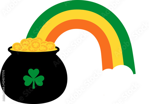 St.Patrick's Day cauldron and Rainbow flat vector illustration.
Black Money pot full of coins and rainbow design isolated.
Transparent background.