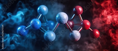 Molecular model of Boron compounds in blue and red hues against a smoky background showcasing scientific significance and chemical versatility.