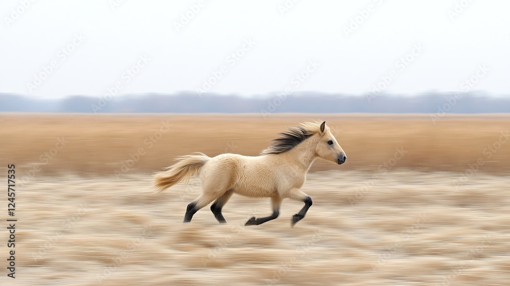 Obraz premium Palomino foal galloping, autumn field, blurred background, equine calendar